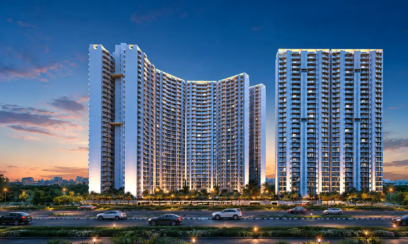 The Reserve by Kolte-Patil - twin residential towers illuminated at dusk, Sinhagad Road Pune