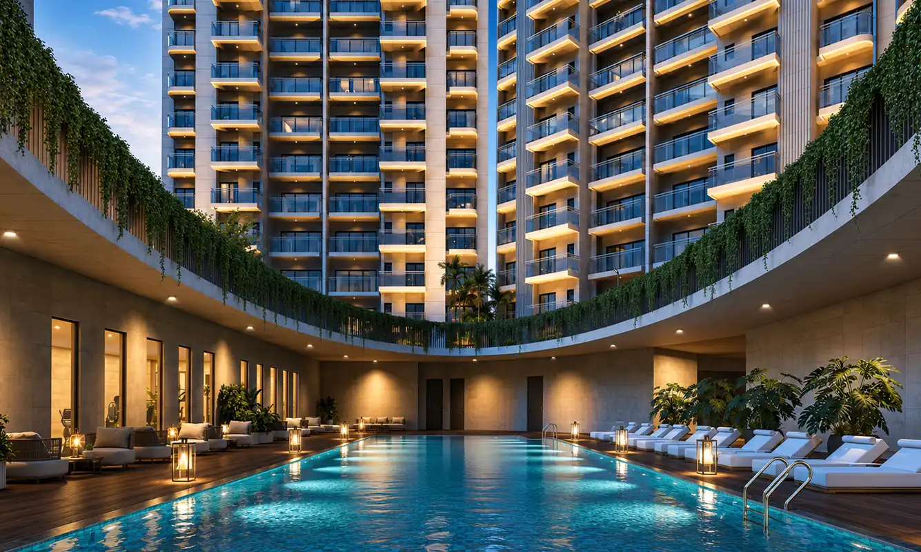 The Reserve - resort-style swimming pool with landscaped deck, Sinhagad Road Pune