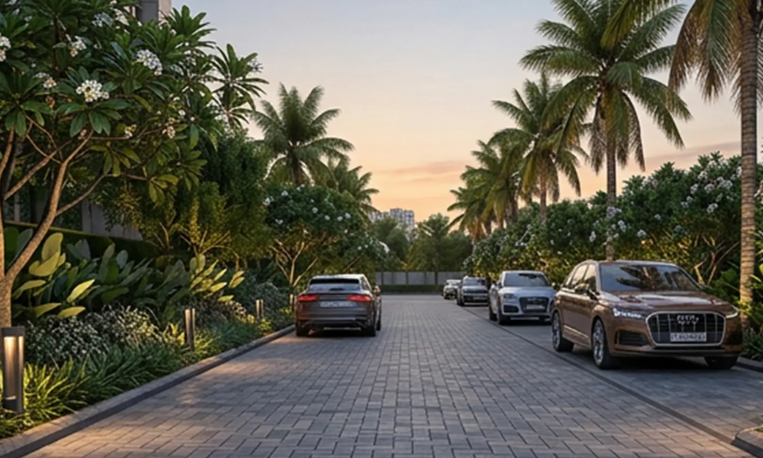 The Reserve - landscaped arrival avenue with palm-lined driveway, Pune