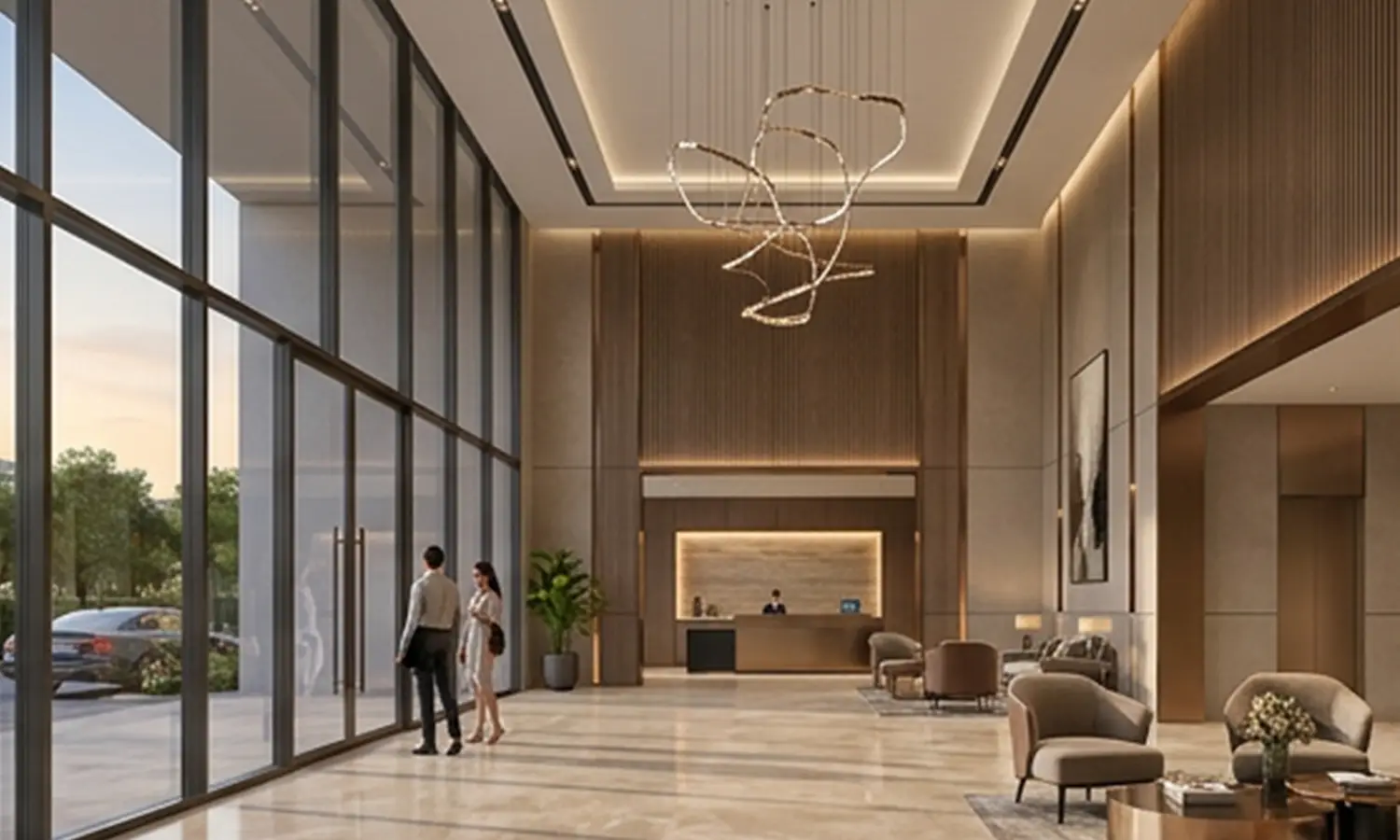 The Reserve - grand double-height entrance lobby with designer chandelier, Sinhagad Road